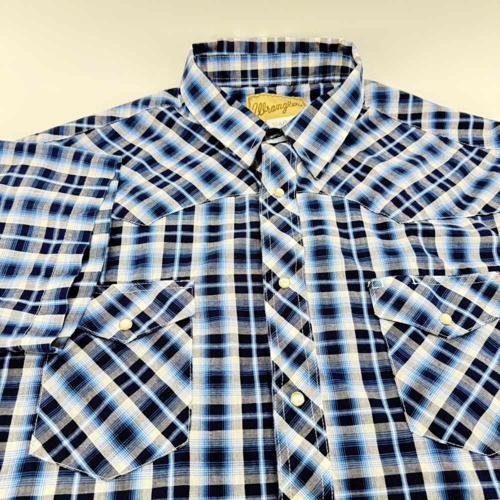 Wrangler Mens Blue Plaid Western Snap Shirt XL Short Sleeve WM196NV Pearl Snap